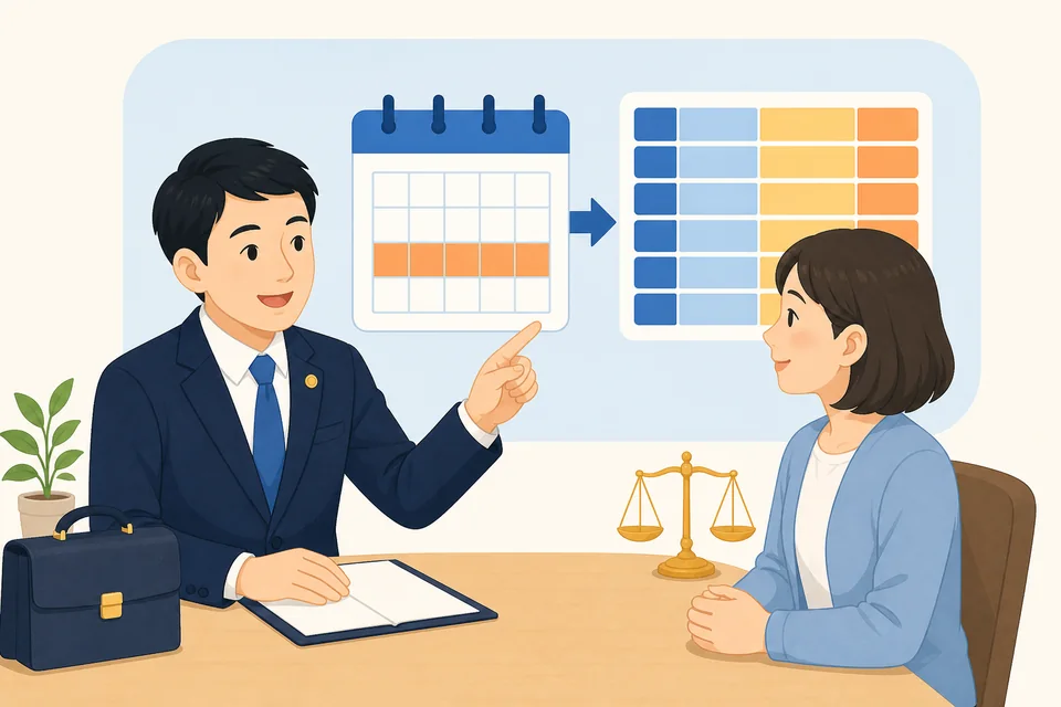 弁護士と一緒に通院期間の早見表を確認するイラスト