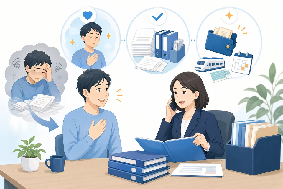 弁護士への相談で心と手続きの負担が軽くなる様子を表すイラスト