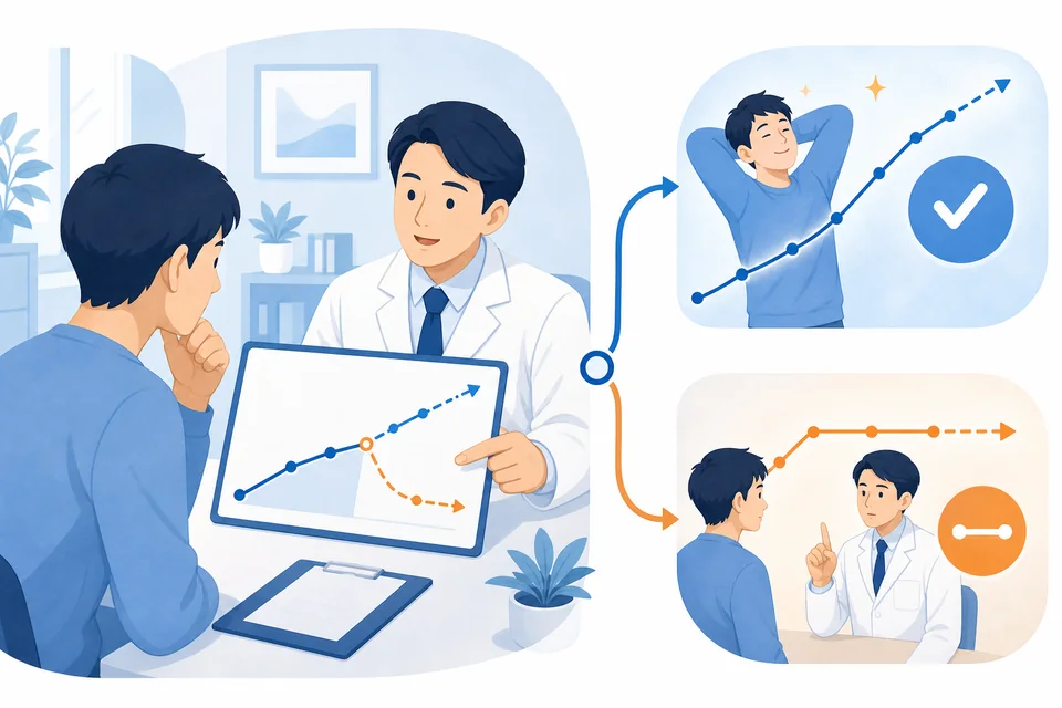 治療後の回復と症状固定について医師と確認するイラスト